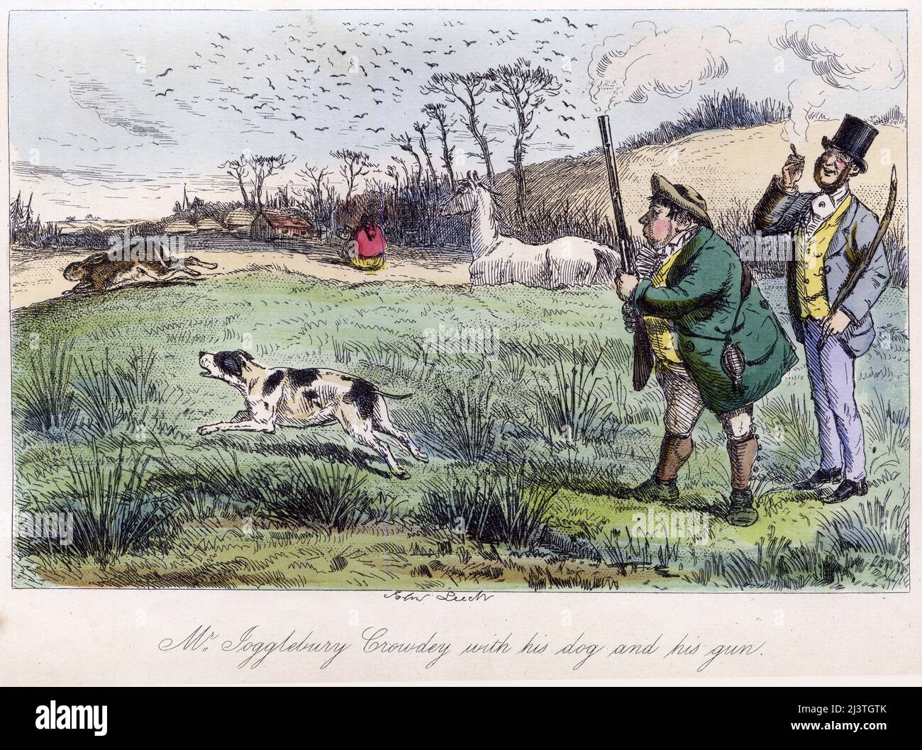Mr Jogglebury Crowdey with his dog and his gun.. Handcoloured steel engraving by John Leech from Robert Smith Surtees’ Mr. Sponge’s Sporting Tour,, circa 1850. Mr Sponge and Mr Crowdey see a hare escape during a hunt in the English countryside. Stock Photo