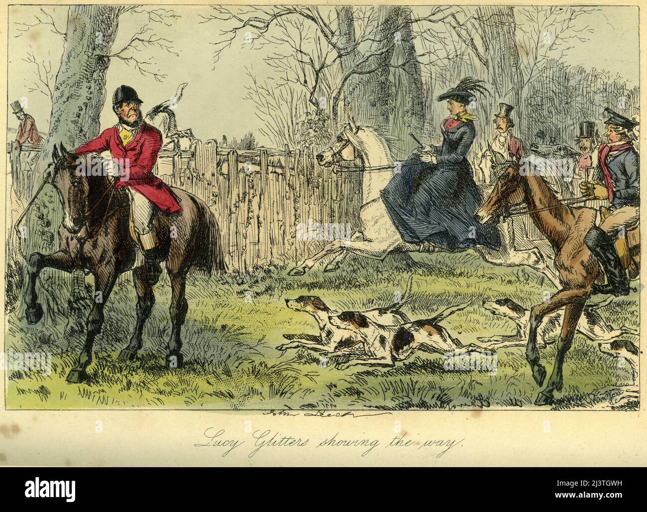 Lucy Glitters showing the way. Handcoloured steel engraving by John Leech from Robert Smith Surtees’ Mr. Sponge’s Sporting Tour,, circa 1850. A well dressed woman riding sidesaddle gallops through a gate during a traditional English fox hunt. Stock Photo