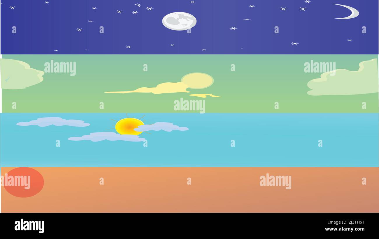 Sky different effect morning, day, evening, night vector art. Stock Vector