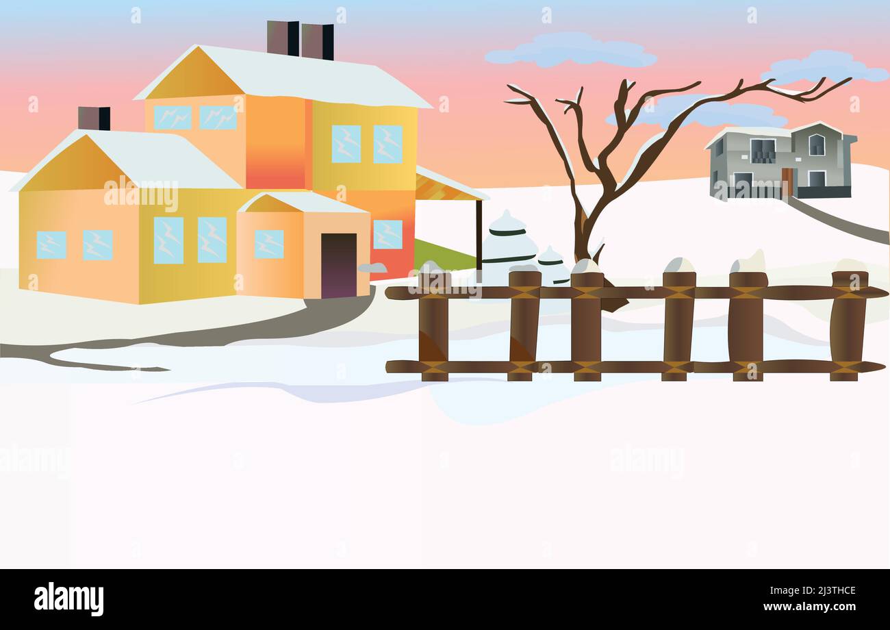 Snow landscape field area with houses vector artwork illustration Stock ...