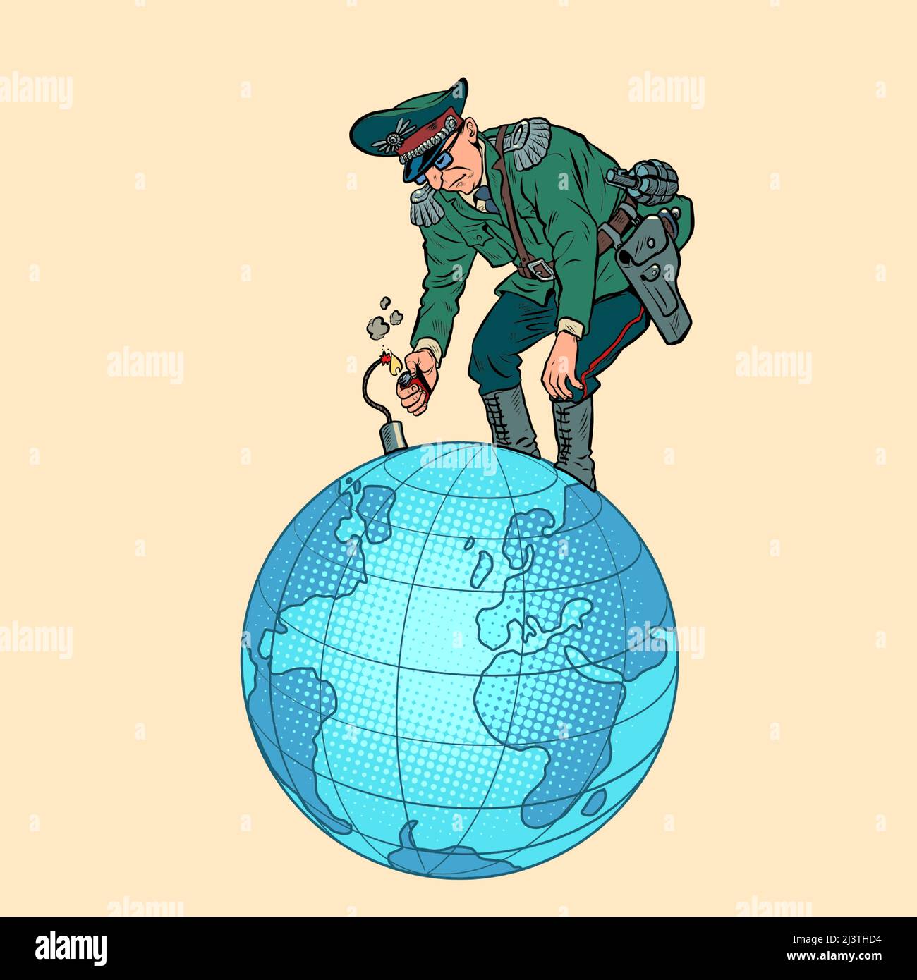 Warmonger, planet earth is in danger of war. Militaristic soldiers and the military ignite the fuse of dynamite. Explosion. pop art Retro vector Illus Stock Vector