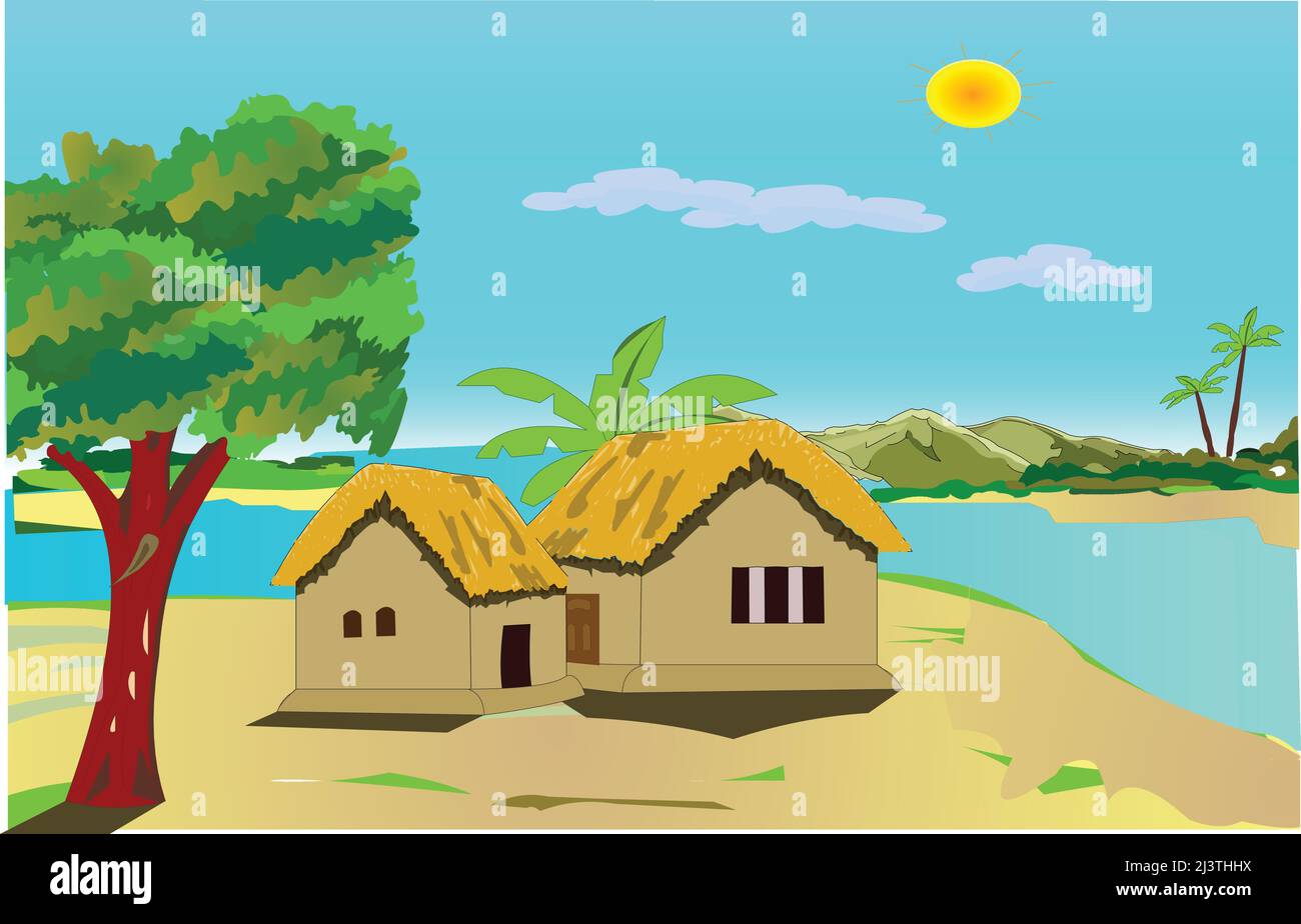 Village House, Cottage among trees Cartoon vector illustration. Stock Vector