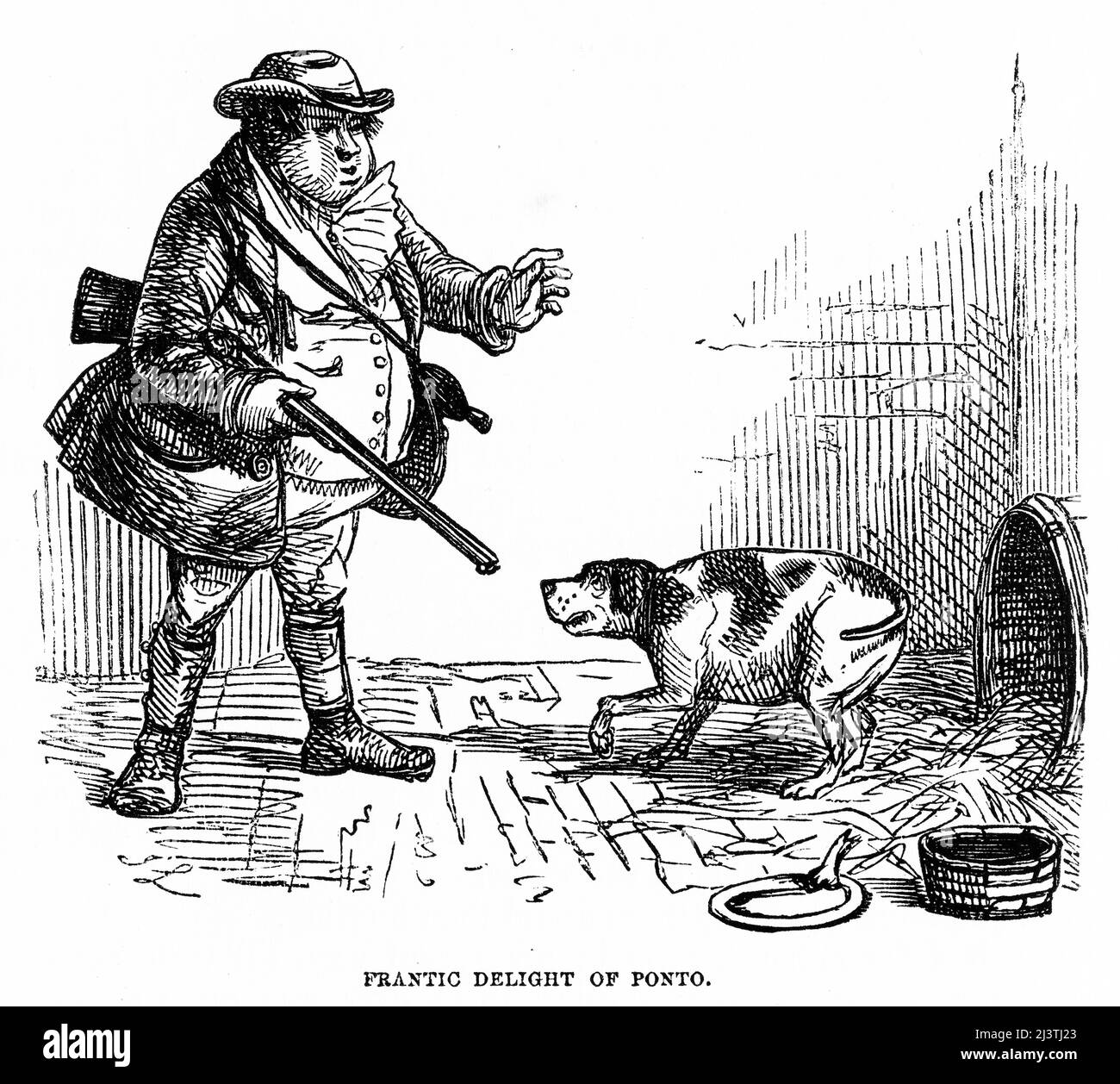 Frantic delight of Ponto, a hunting dog who is being called to go with his master to hunt rabbits. Steel engraving by John Leech from Robert Smith Surtees’ Mr. Sponge’s Sporting Tour,, circa 1850 Stock Photo