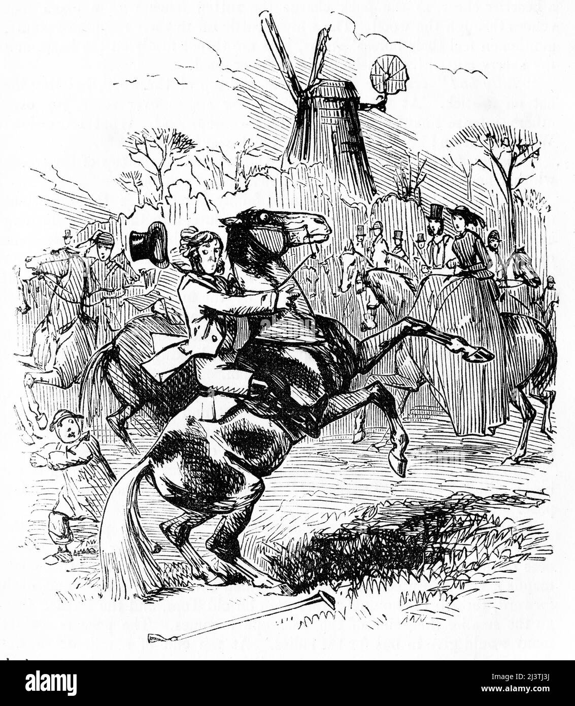 A rider, Mr Sponge, tries to control his horse as it rears up at the start of the fox hunt. Steel engraving by John Leech from Robert Smith Surtees’ Mr. Sponge’s Sporting Tour,, circa 1850 Stock Photo