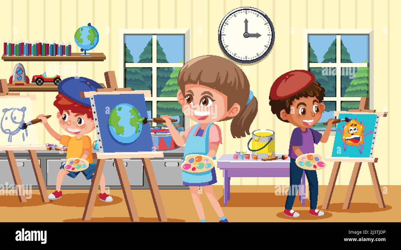 School art classroom with student kids illustration Stock Vector Image