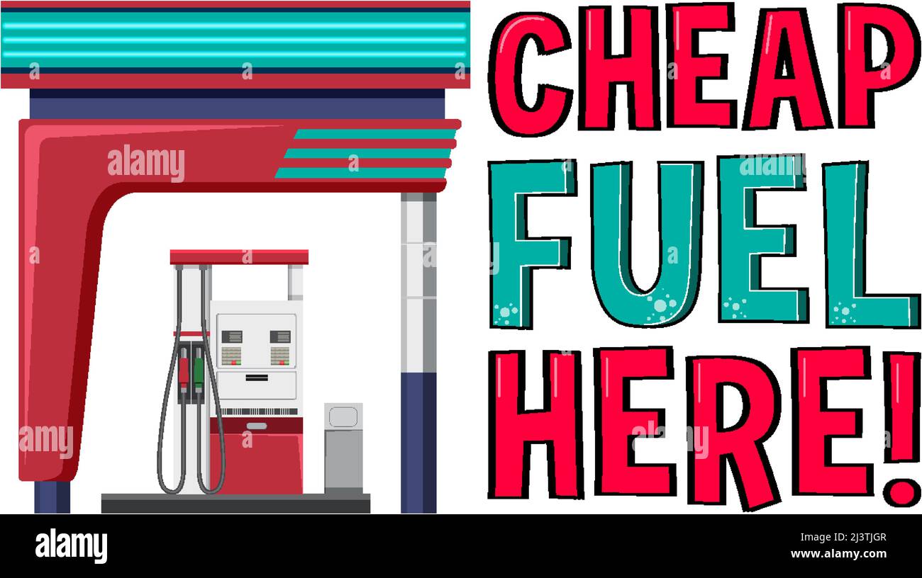 Gas station with cheap fuel here word logo illustration Stock Vector