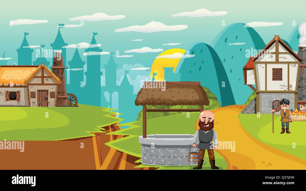 Medieval town cartoon scene with villagers illustration Stock Vector ...
