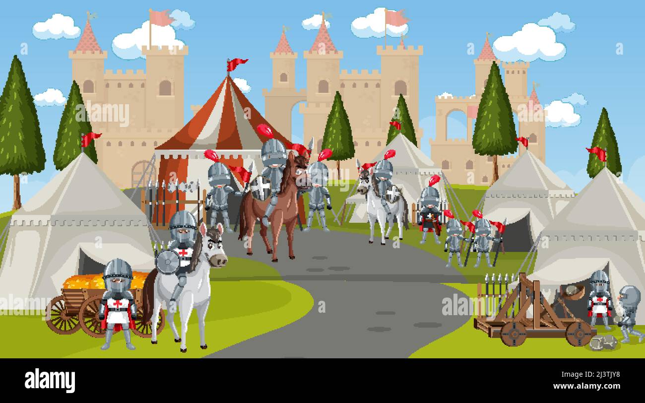 Medieval town scene camp with tents and castle illustration Stock ...