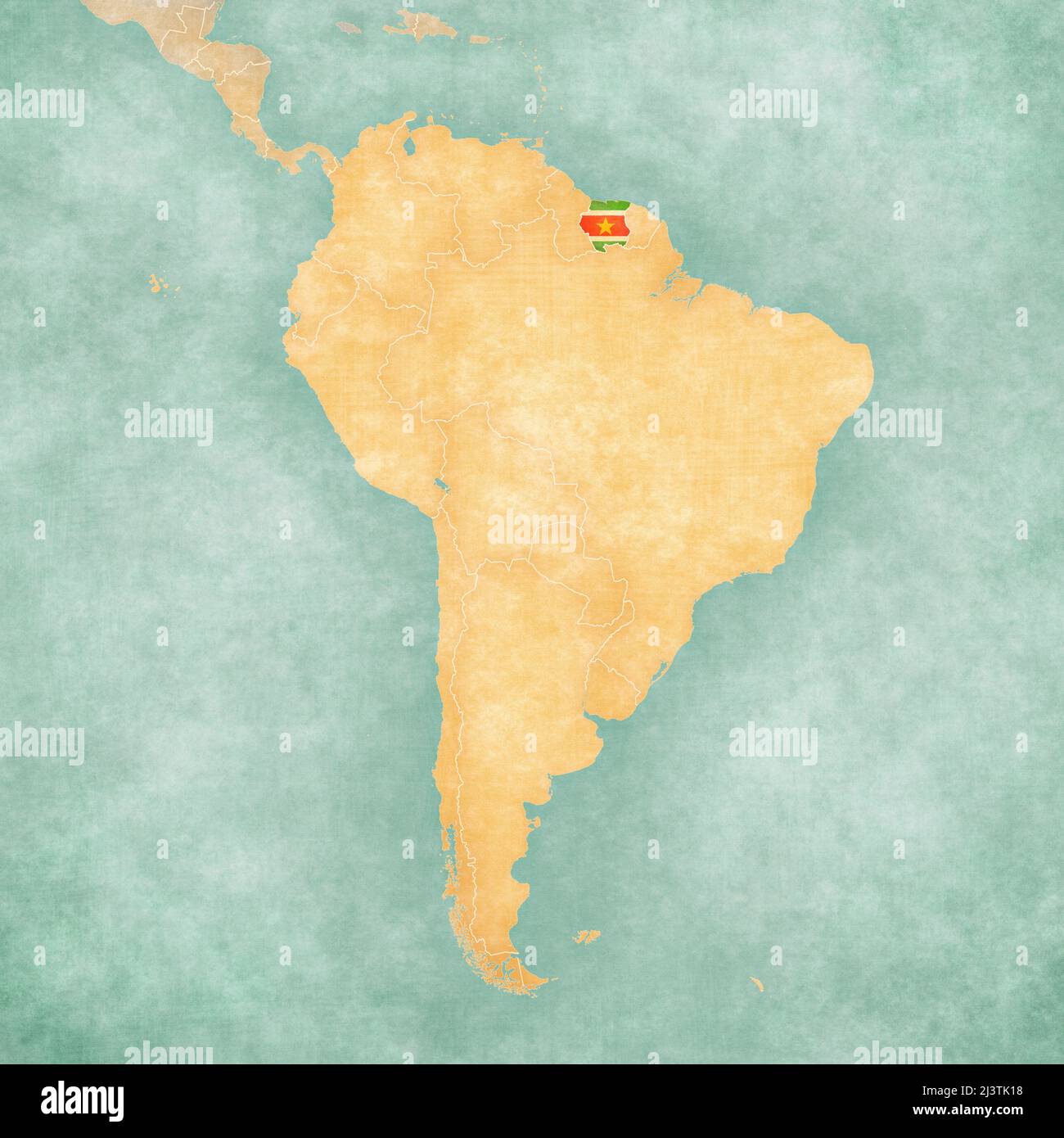 Suriname (Surinamese flag) on the map of South America. The Map is in vintage summer style and sunny mood. The map has a soft grunge and vintage atmos Stock Photo