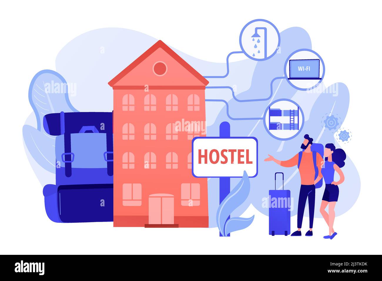 Cheap inn, affordable guesthouse. College dormitory, motel check in. Hostel services, lower priced accommodation, best hostel facilities concept. Pink Stock Vector