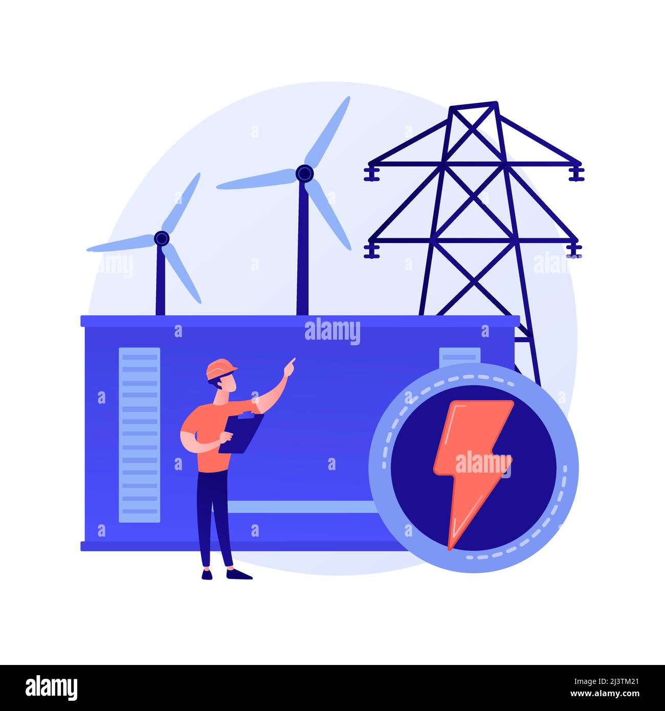 Power station, electrical energy generation, electricity production. Power engineer cartoon character. Energy industry, electric plant. Vector isolate Stock Vector