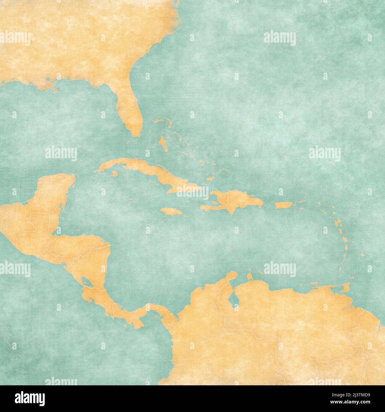 Blank map of Caribbean and Central America. The Map is in vintage summer style and sunny mood. The map has a soft grunge and vintage atmosphere, which Stock Photo
