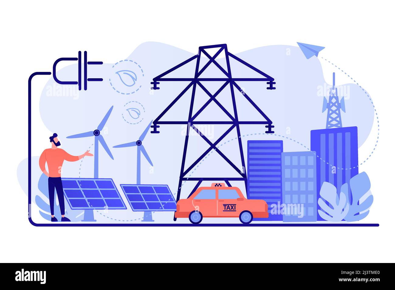 Businessman in green city and electric car using alternative fuel. Alternative fuels, chemically stored electricity, non-fossil sources concept. Pinki Stock Vector