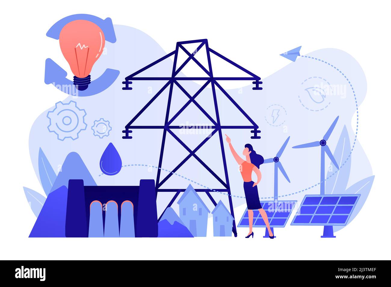 Scientist with sustainable development ideas solar panels, hydropower, wind. Sustainable energy, future-oriented energy, smart energy system concept. Stock Vector