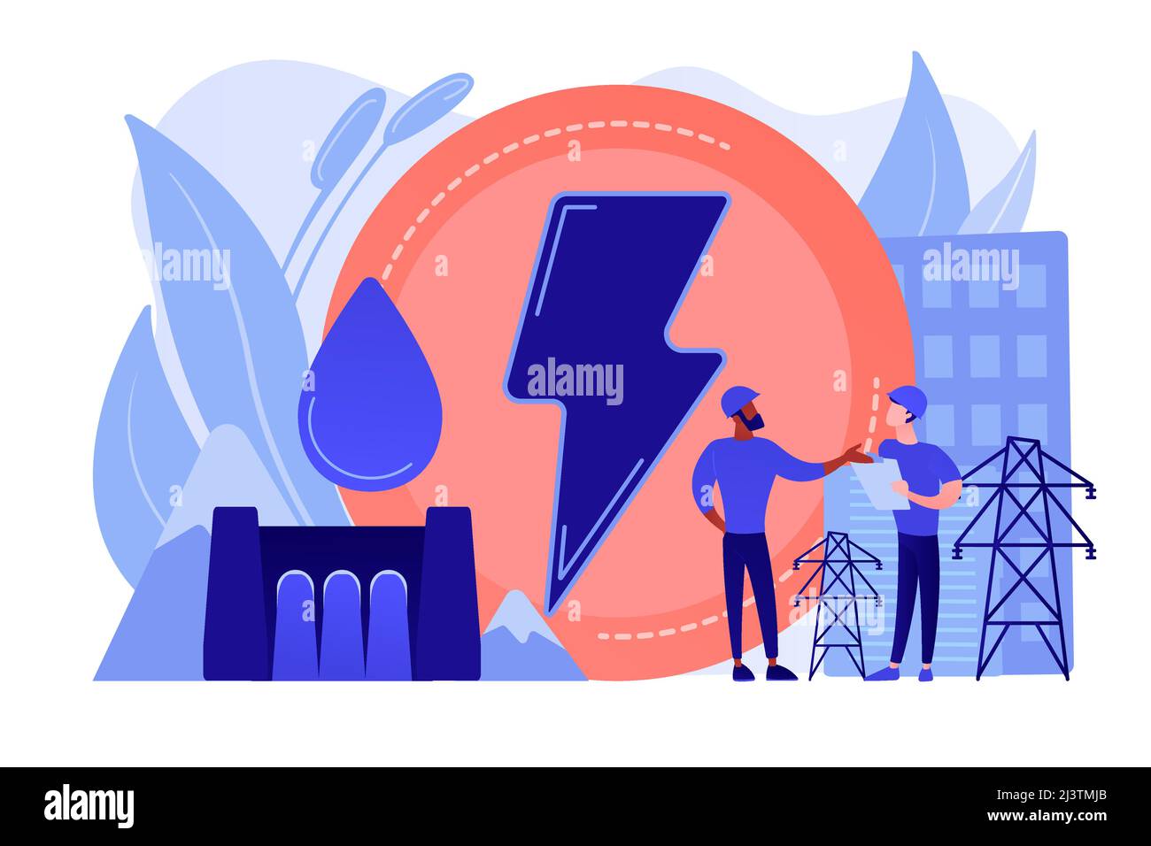 Engineers working at hydropower dam producing falling water energy