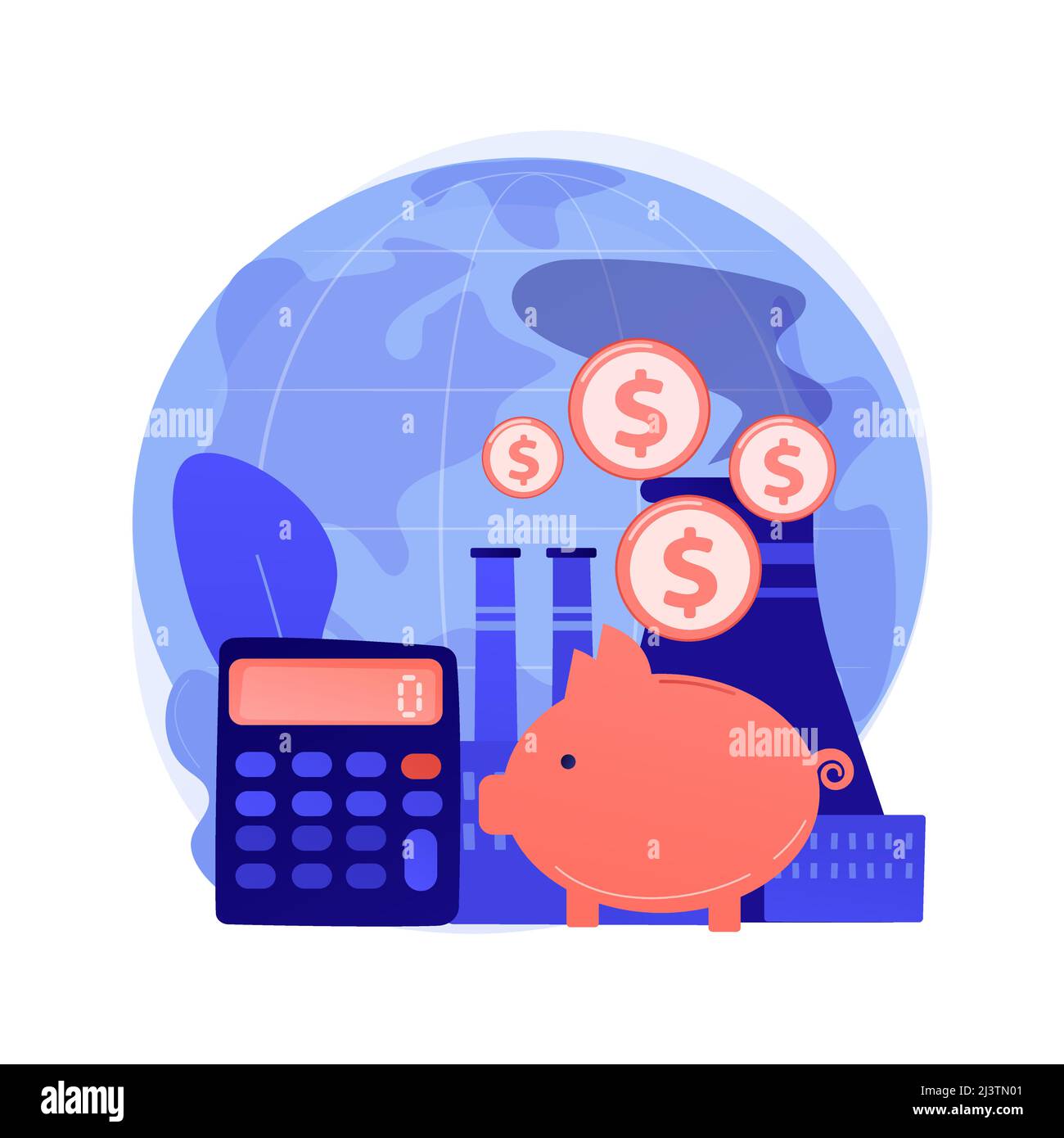 Pollution damage calculation. Industrial plant profit. Planet atmosphere destruction. Planet safety, polluted air problem, working factory. Vector iso Stock Vector