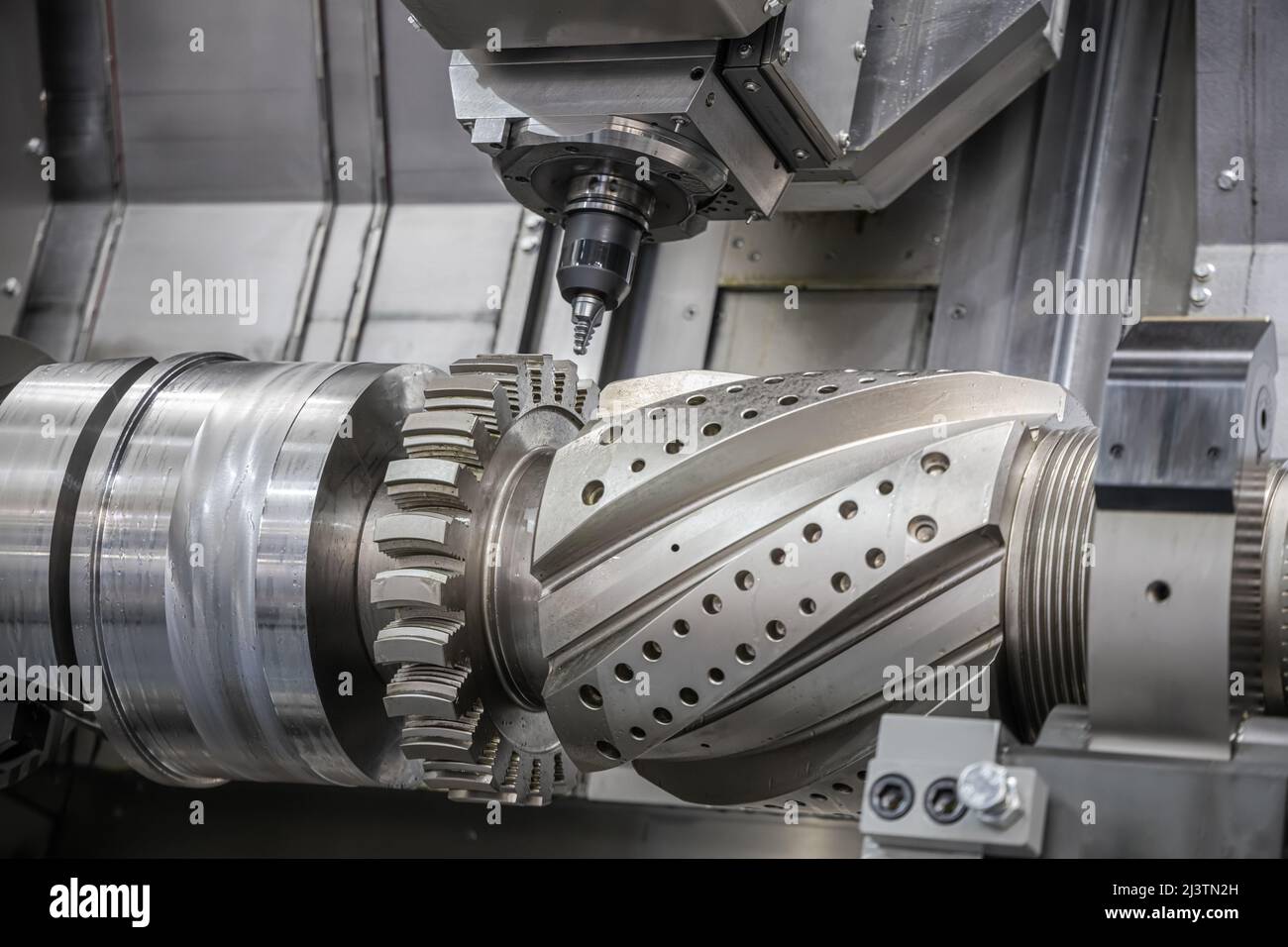 Metalworking CNC milling machine. Cutting metal modern processing technology. Small depth of