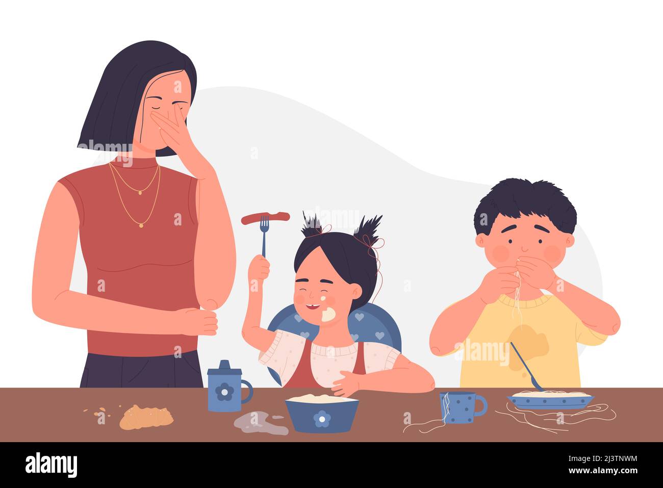Scene with food mess on family breakfast. Messy children at dinner table cartoon vector illustration Stock Vector