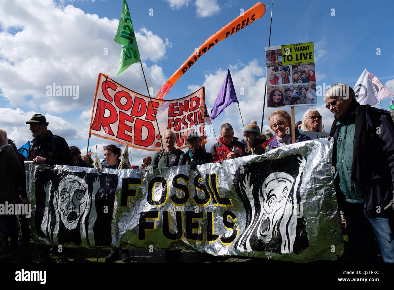 London, UK. 9th Apr, 2022. Extinction Rebellion (XR) activists gathered in Hyde Park and marched through Oxford Street making a stop in Oxford Circus, St James Square where BP is headquartered and finally to Trafalgar Square where traffic was blocked. Today was part of a week long wave of protests and civil disobedience actions to demand an immediate stop to all new fossil fuel infrastructure by the British government amid the climate crisis and ecological emergency. Stock Photo