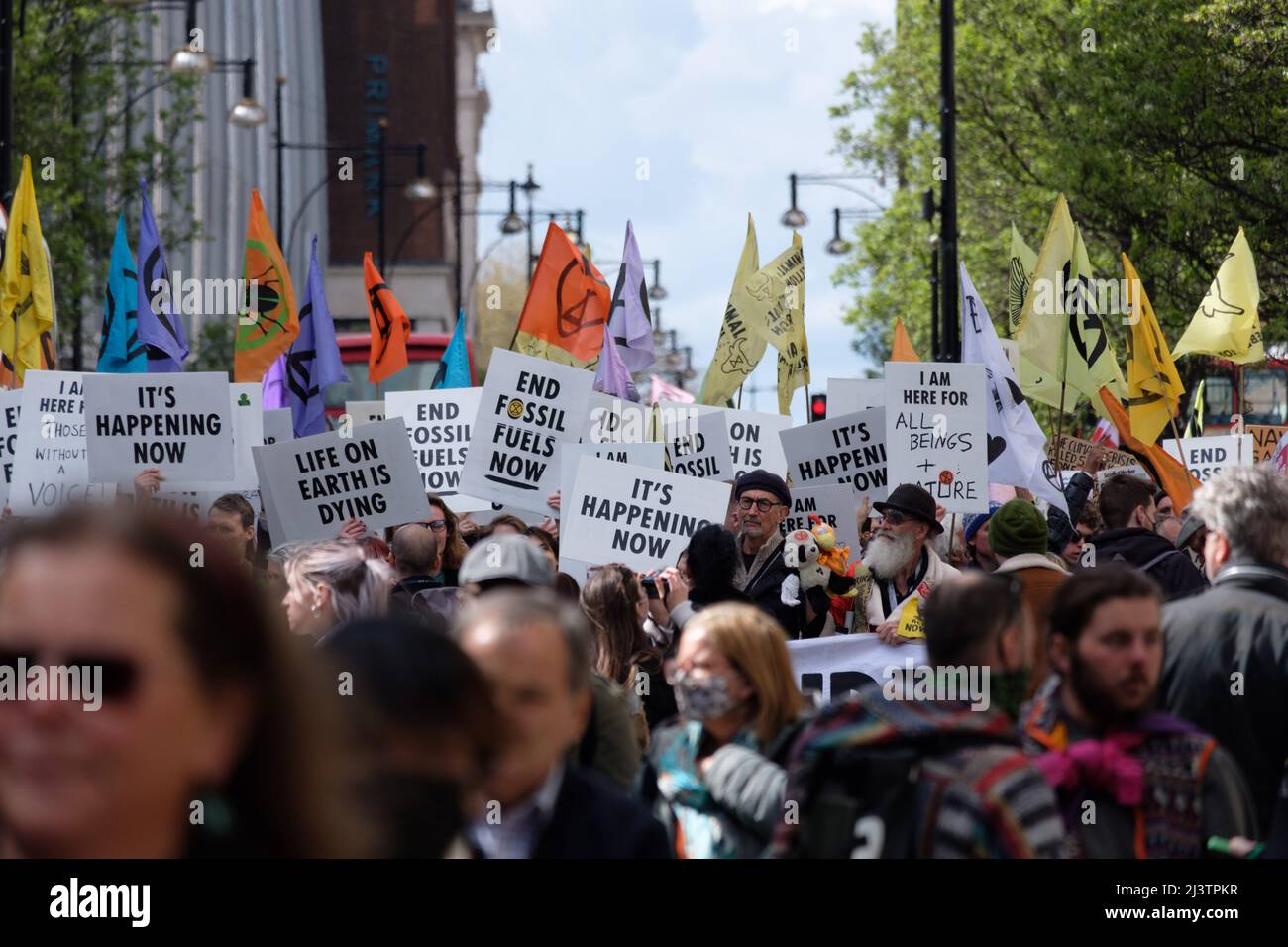 London, UK. 9th Apr, 2022. Extinction Rebellion (XR) activists gathered in Hyde Park and marched through Oxford Street making a stop in Oxford Circus, St James Square where BP is headquartered and finally to Trafalgar Square where traffic was blocked. Today was part of a week long wave of protests and civil disobedience actions to demand an immediate stop to all new fossil fuel infrastructure by the British government amid the climate crisis and ecological emergency. Stock Photo