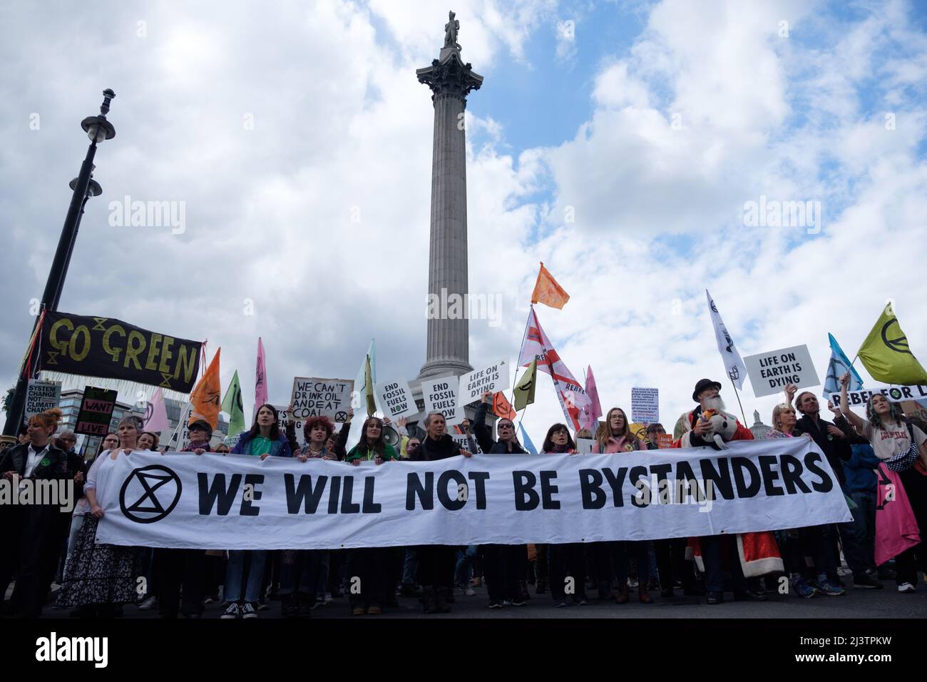 London, UK. 9th Apr, 2022. Extinction Rebellion (XR) activists gathered in Hyde Park and marched through Oxford Street making a stop in Oxford Circus, St James Square where BP is headquartered and finally to Trafalgar Square where traffic was blocked. Today was part of a week long wave of protests and civil disobedience actions to demand an immediate stop to all new fossil fuel infrastructure by the British government amid the climate crisis and ecological emergency. Stock Photo