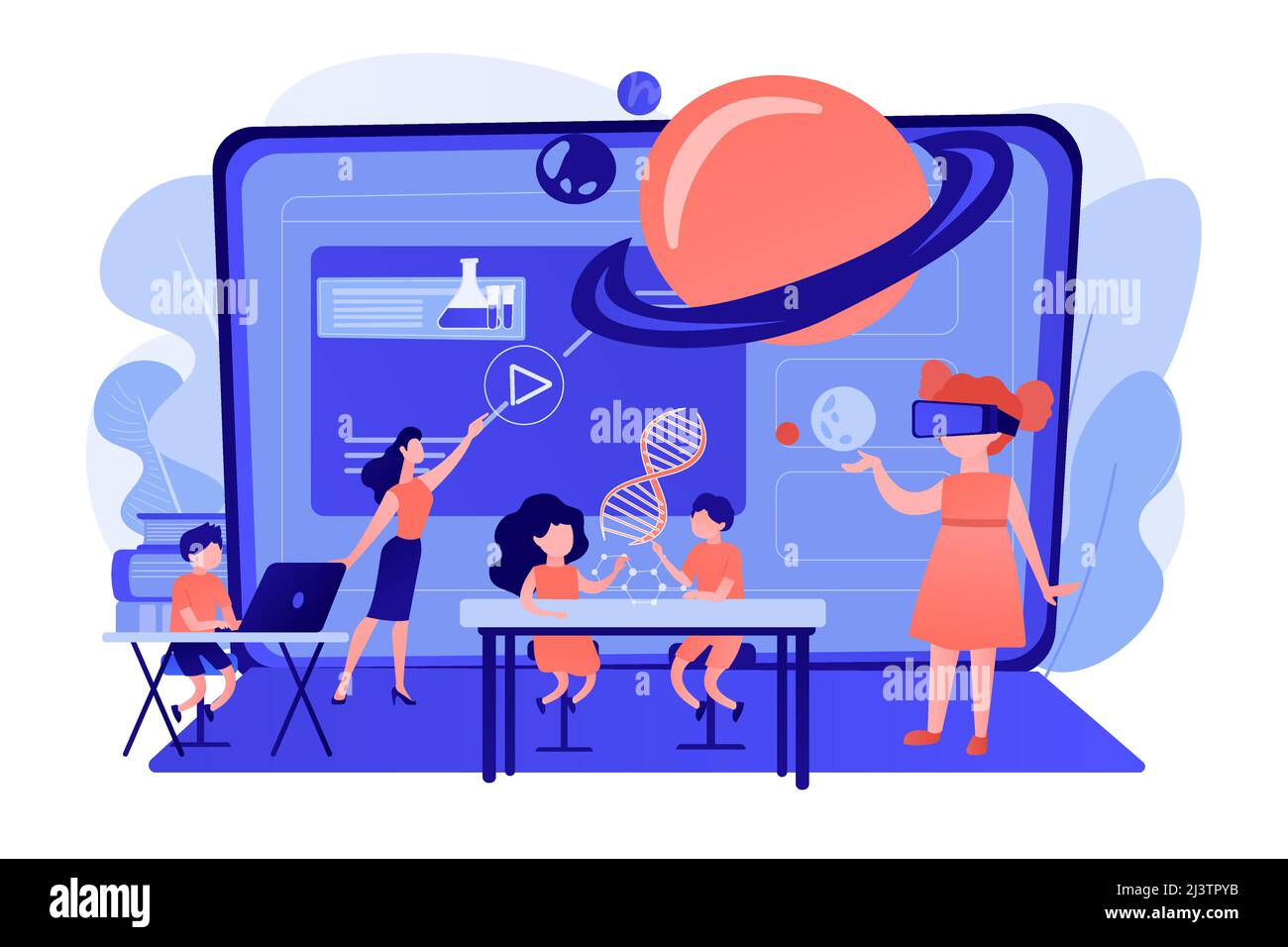 Futuristic classroom, little children study with high tech equipment