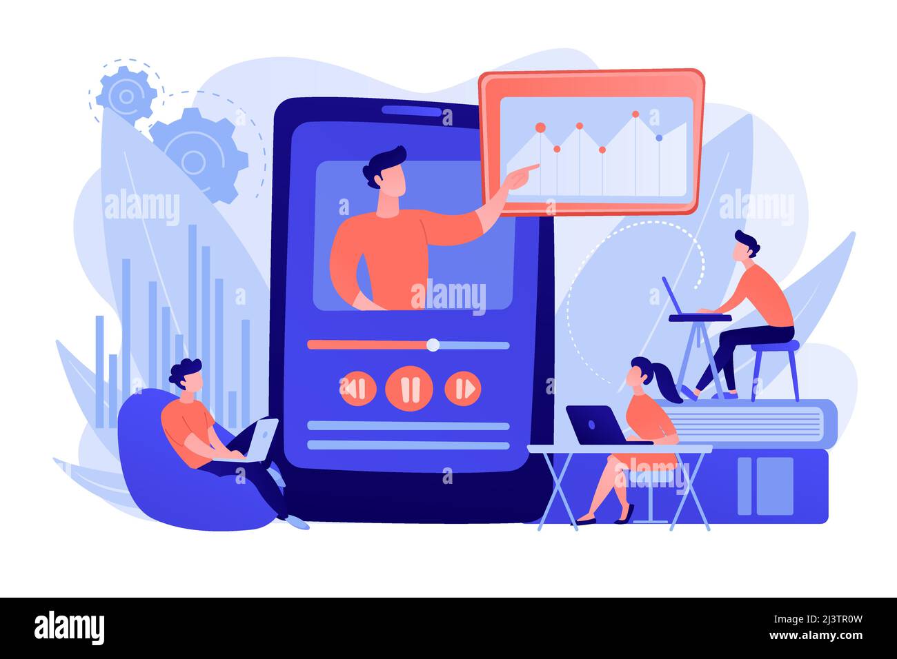 Students watching online training video with teacher and chart on tablet. Online teaching, share your knowledge, english teacher online concept. Pinki Stock Vector
