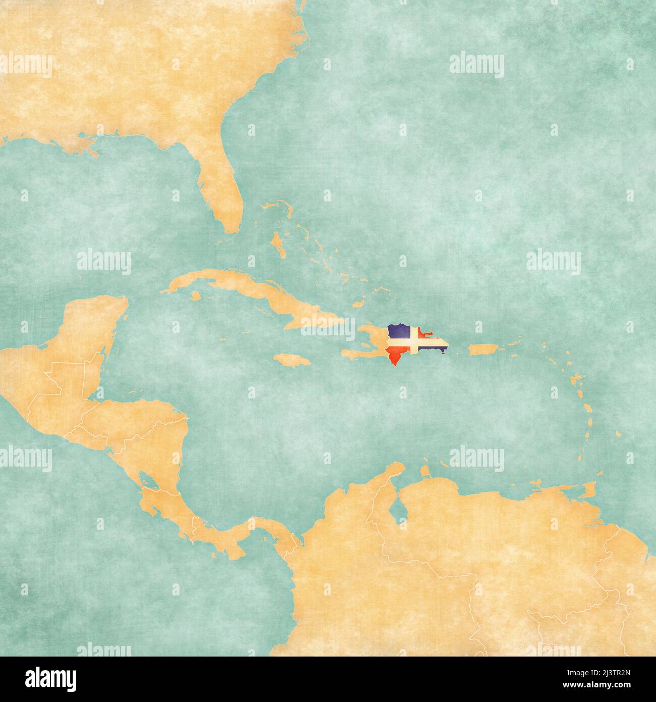 Dominican Republic (Dominican flag) on the map of Caribbean and Central America. The Map is in vintage summer style and sunny mood. The map has a soft Stock Photo