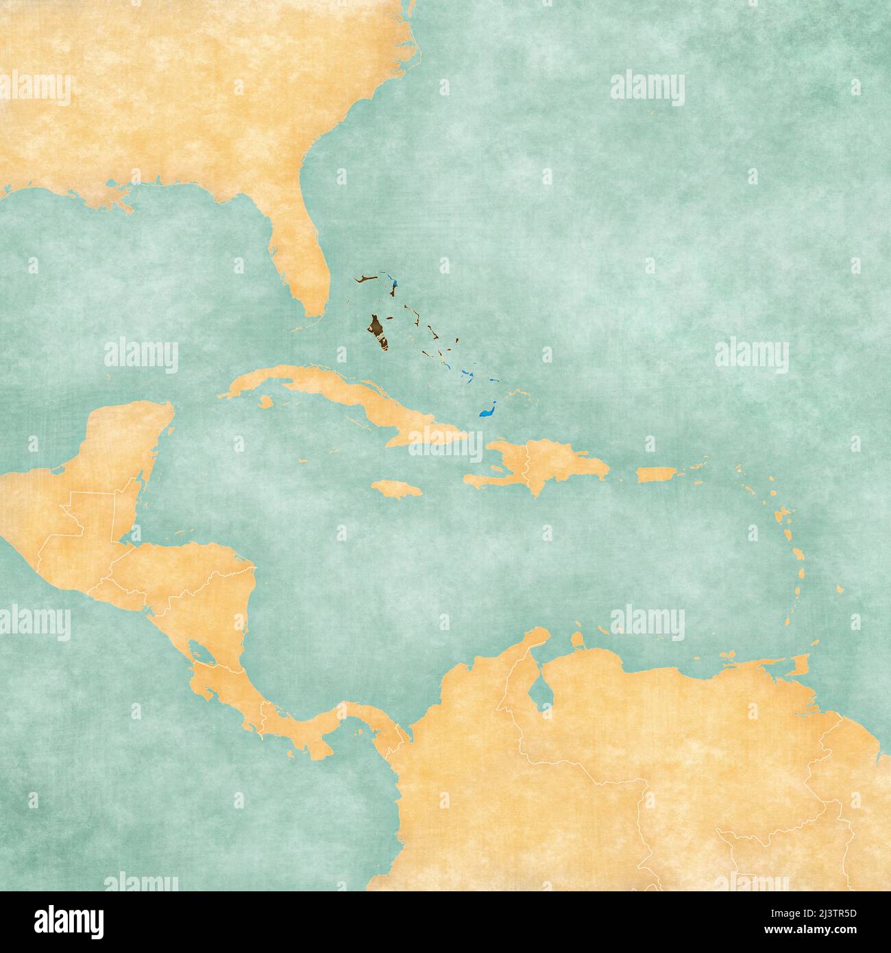 The Bahamas (Bahamian flag) on the map of Caribbean and Central America. The Map is in vintage summer style and sunny mood. The map has a soft grunge Stock Photo