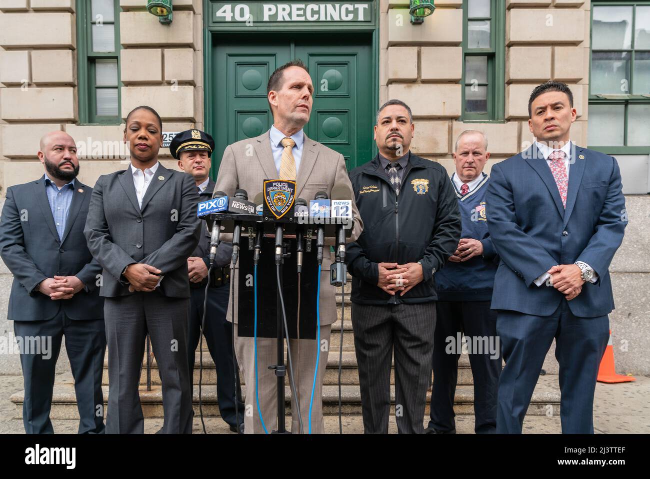 Bronx, United States. 09th Apr, 2022. NYPD Deputy Chief Tim McCormack, Commissioner Keechant L. Sewell and other executives held a press conference to brief the media on an arrest of a 17 year old male responsible for the fatal shooting of a 16 year old girl and two others in the Bronx. (Photo by Steve Sanchez/Pacific Press) Credit: Pacific Press Media Production Corp./Alamy Live News Stock Photo