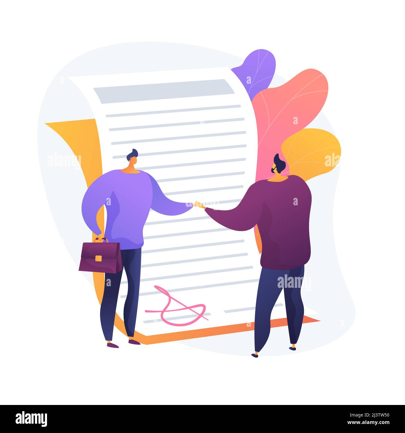 Signing contract. Official document, agreement, deal commitment. Businessmen cartoon characters shaking hands. Legal contract with signature. Vector i Stock Vector