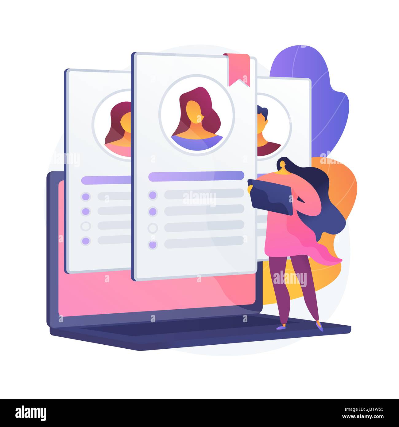 Human resource management. Job analysis, sourcing, screening and selection. Female cartoon character reading job applications and CV of candidatees. V Stock Vector