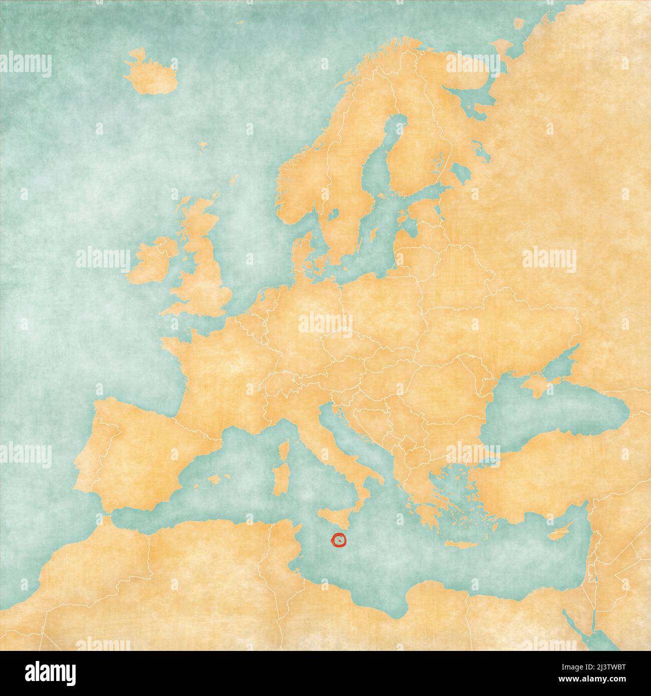 Malta on the map of Europe. The Map is in vintage summer style and sunny mood. The map has a soft grunge and vintage atmosphere, which acts as waterco Stock Photo