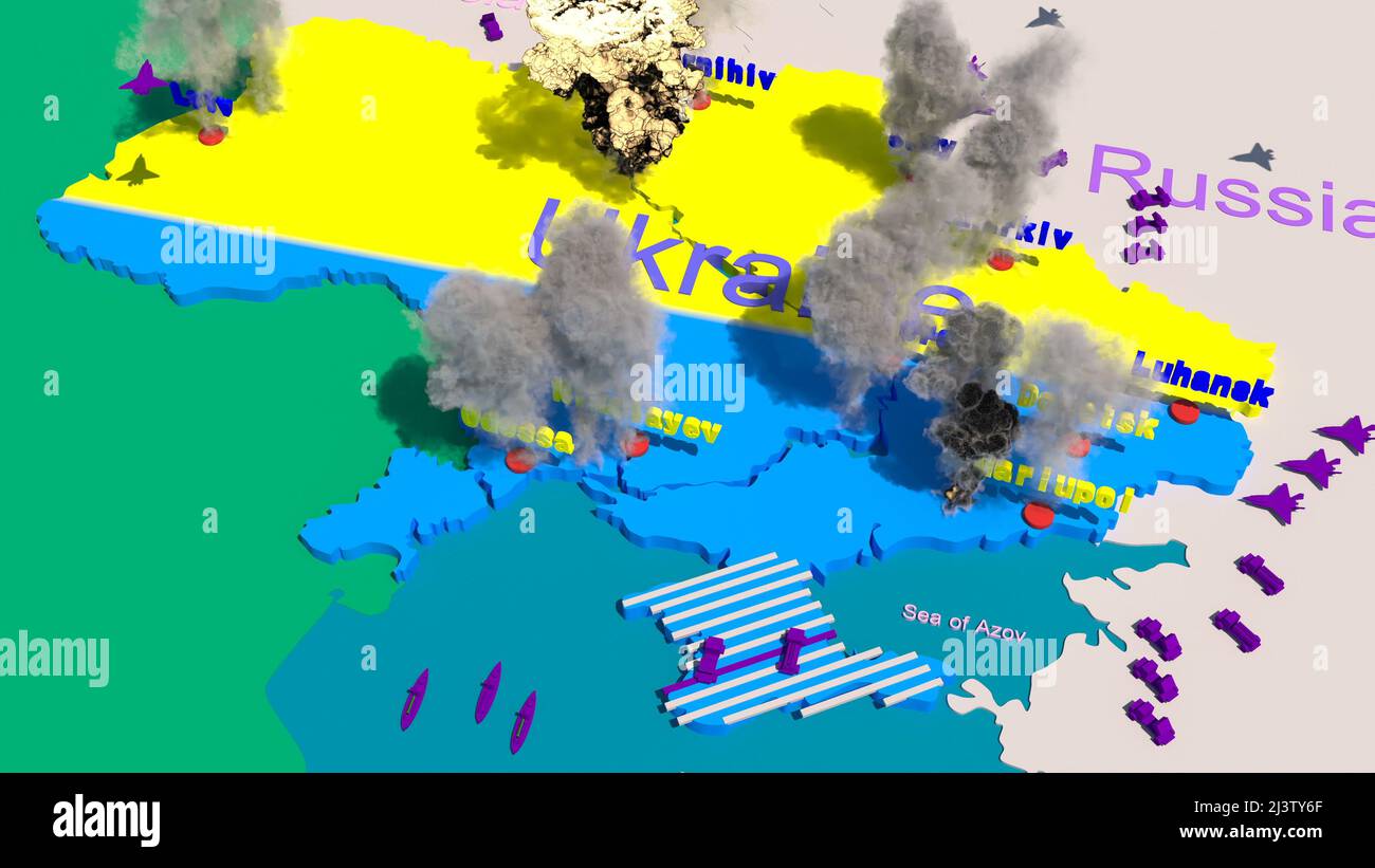 Close up the sky over Ukraine Map war Ukraine War battle technology Russia bombing cities 3d render Stock Photo