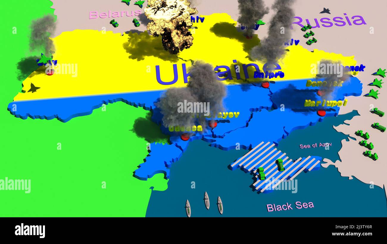 Ukraine war map battle technology Russia bombing cities Close up the sky over Ukraine 3d render Stock Photo