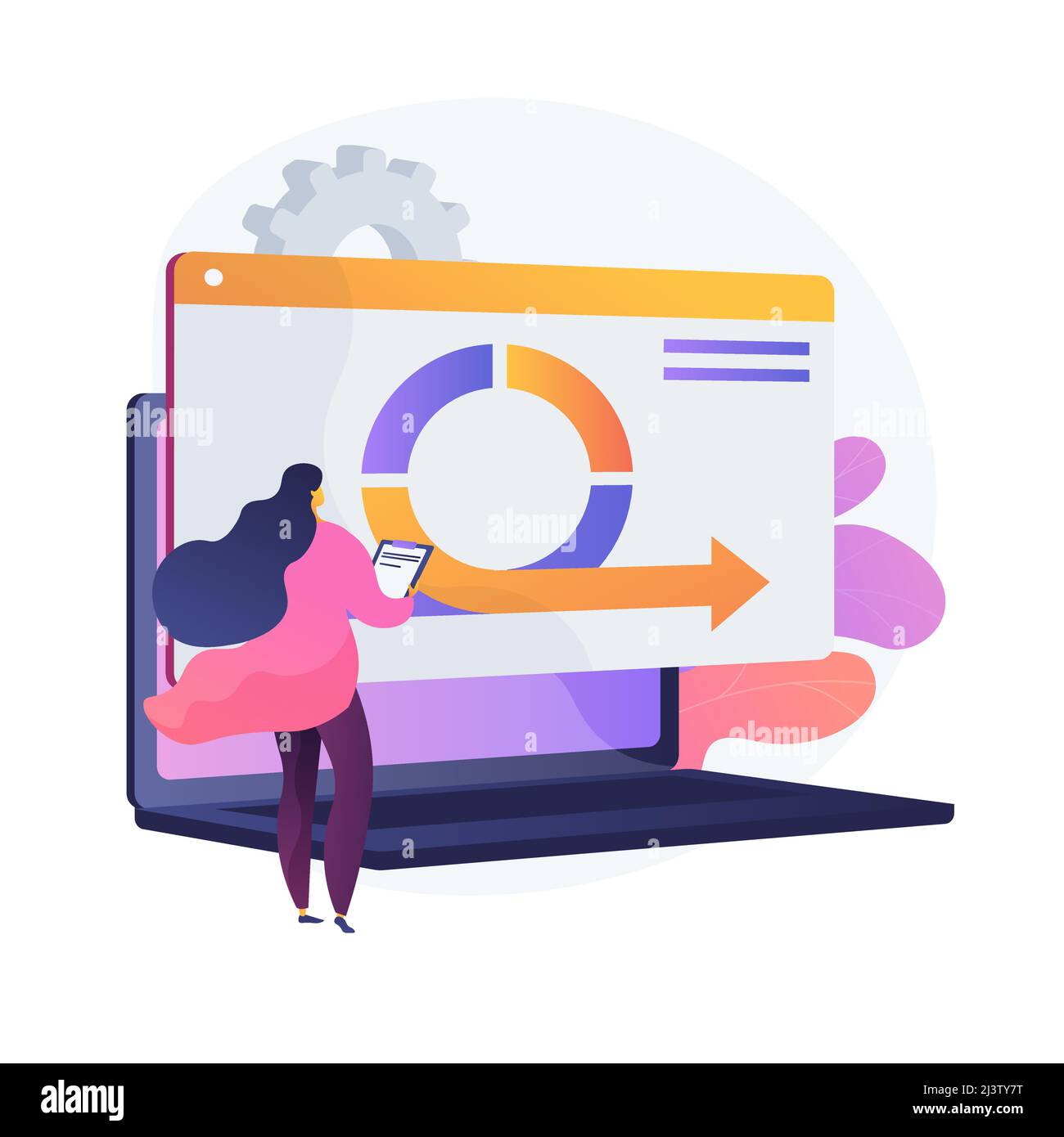 Woman using software cartoon character. Working process, workflow analysis, internet platform testing. Female programmer, professional financial analy Stock Vector
