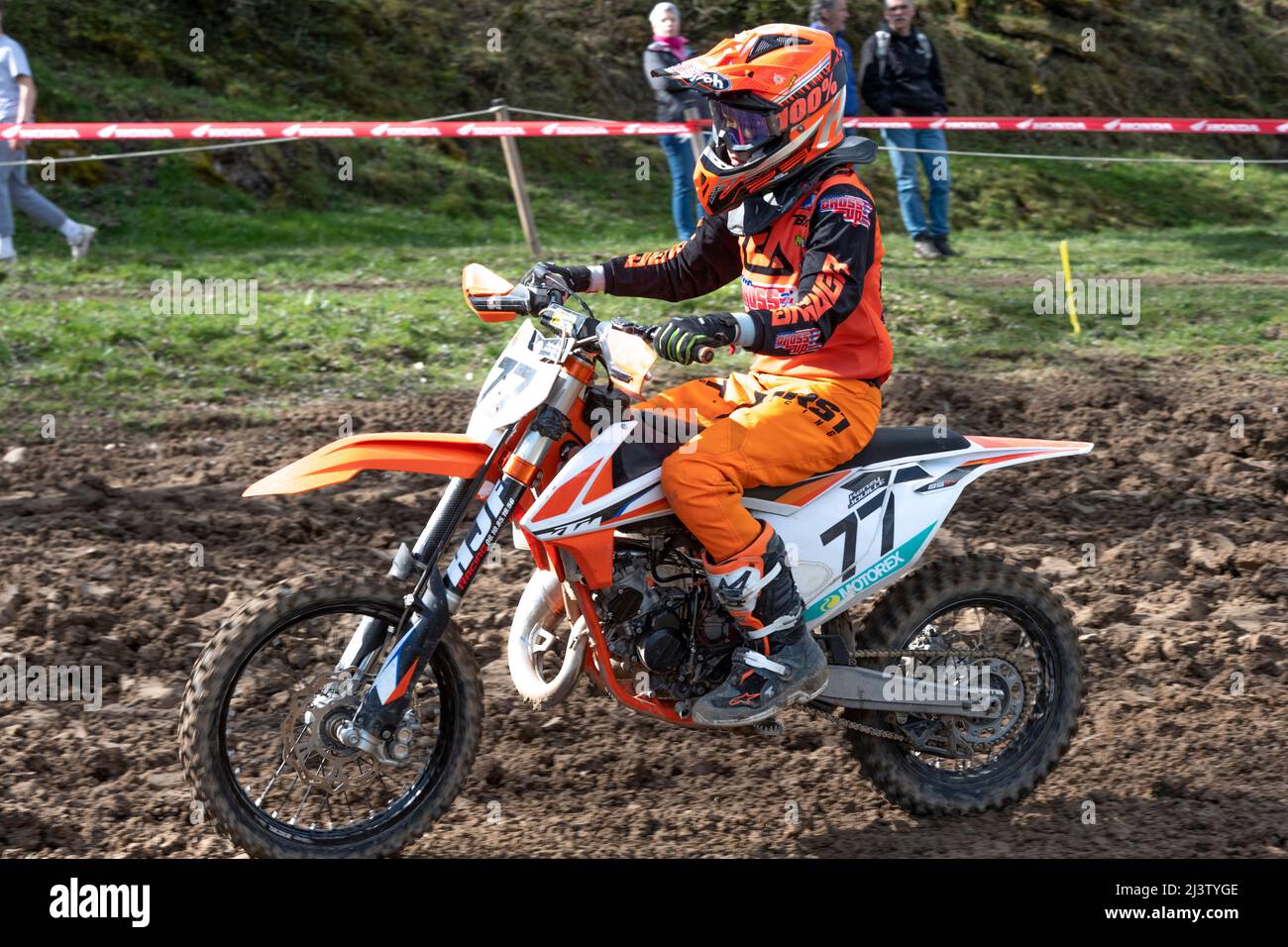 Payerne, Switzerland. 10th April 2022: Kenzy Jouille of Switzerland (77) is in action during Grand prix Payerne of the Swiss Federation Motocross Championship 2022. Credit: Eric Dubost/Alamy Live News Stock Photo