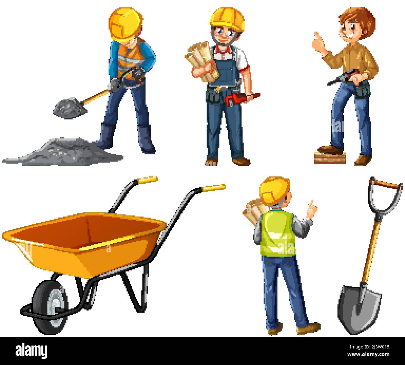 Set of construction site objects and workers illustration Stock Vector