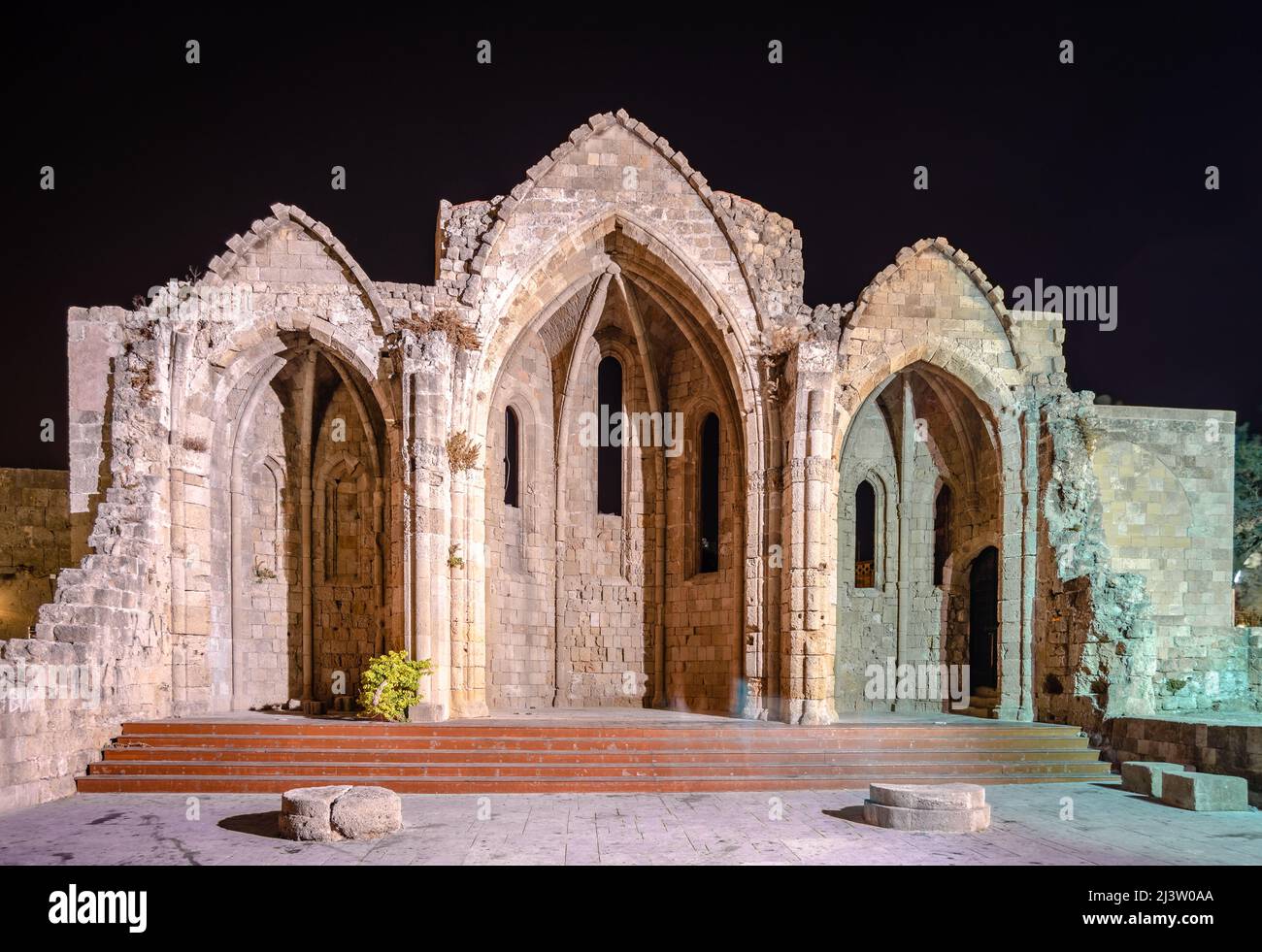 The ruins of the Church of Panagia tou Bourgou (Our Lady of the Bourg), built in the 14th century in the island of Rhodes, Dodecanese, Greece. Stock Photo