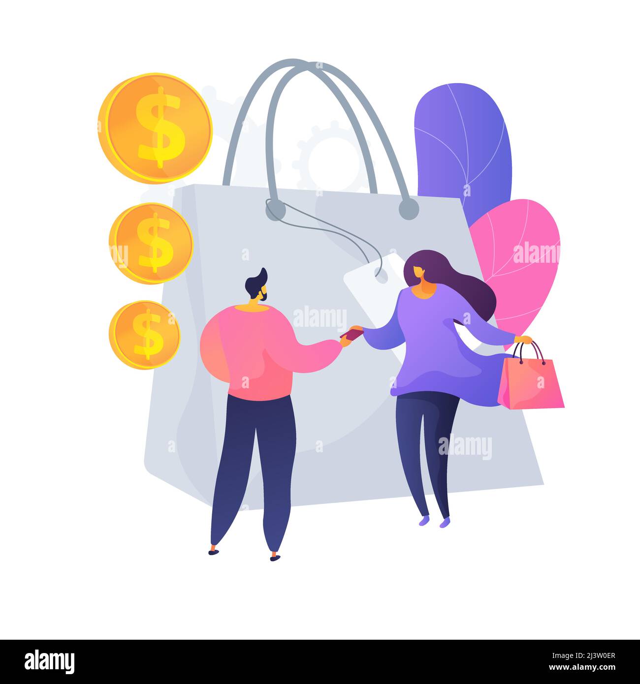 Personalized selling approach. Trendy marketing strategy, seller and buyer interaction, marketplace communication. Salesperson offers goods to custome Stock Vector