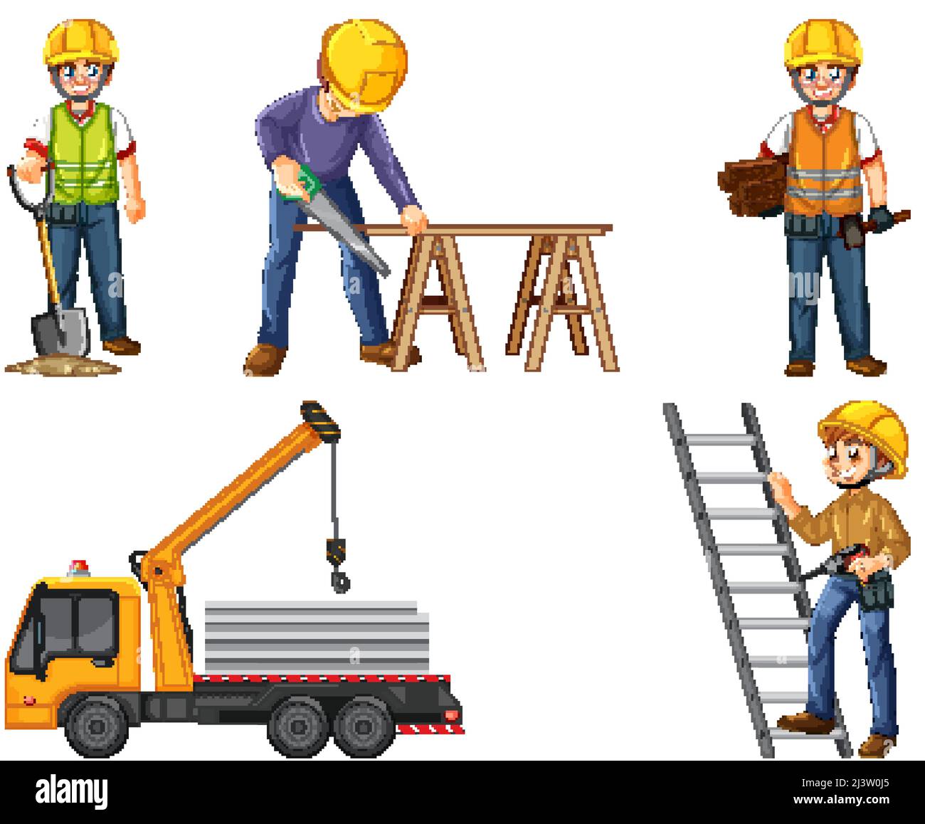 Set of construction site objects and workers illustration Stock Vector