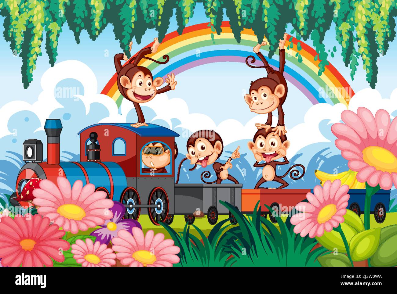 Happy monkeys riding on the train illustration Stock Vector Image & Art ...
