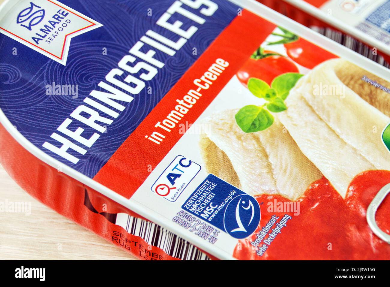 Hamburg, Germany April 4 2022 Almare Seafood German canned Herring