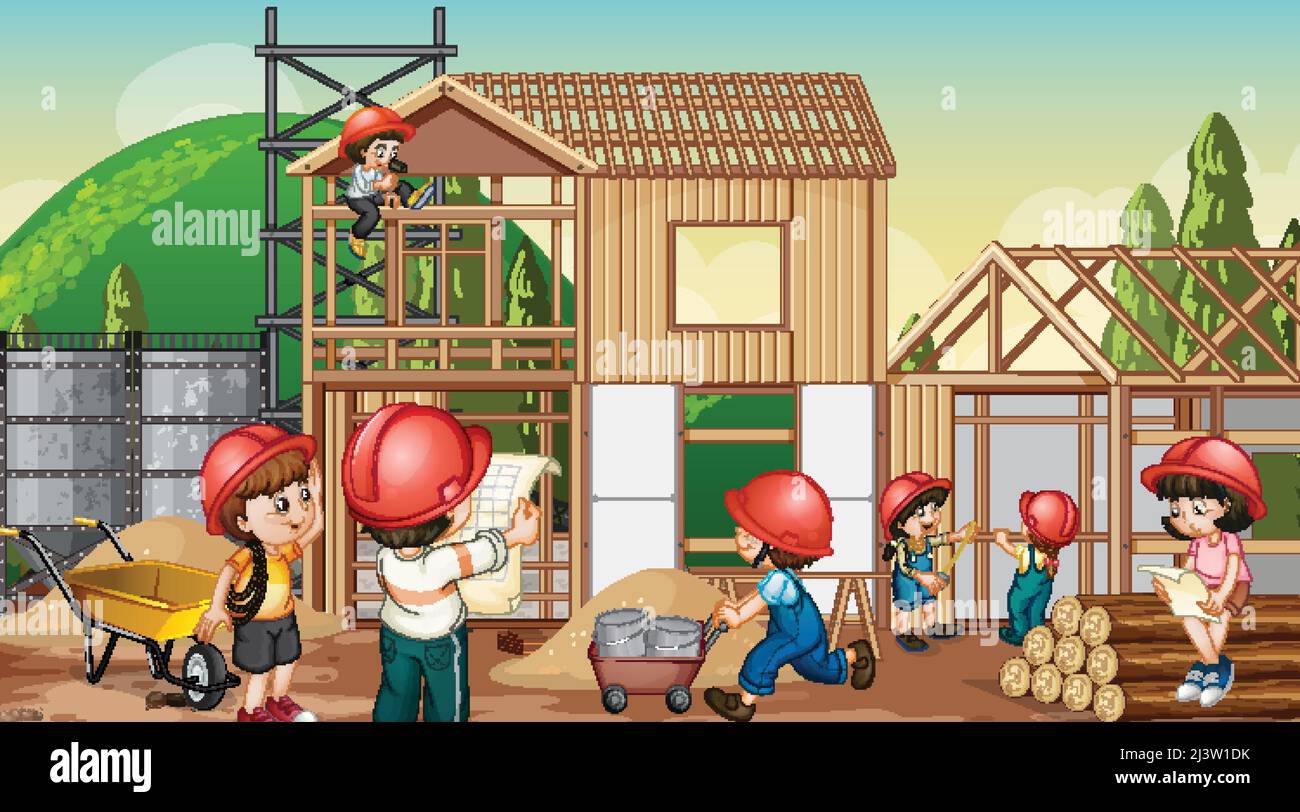 Building house construction site and workers illustration Stock Vector ...