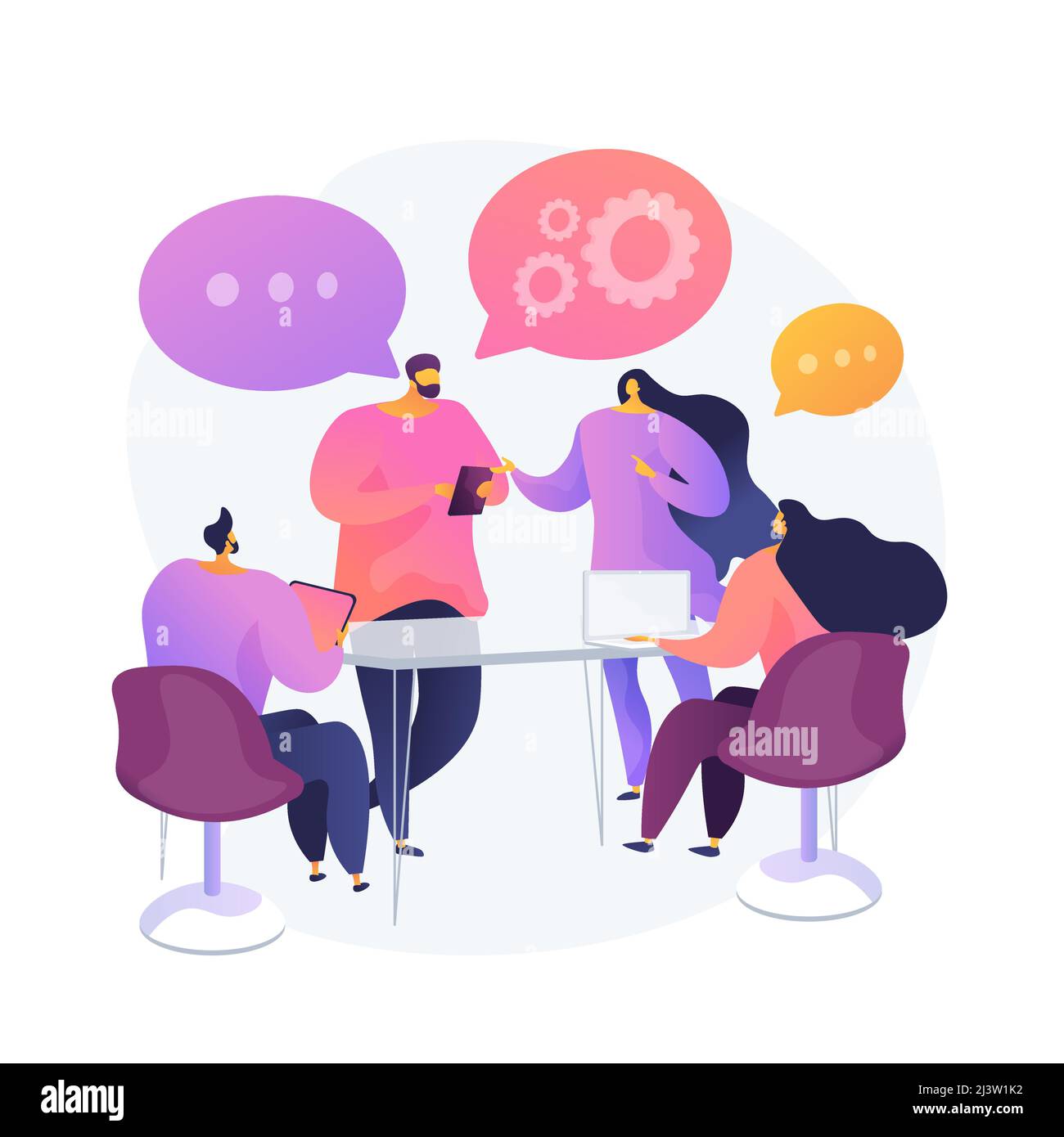Cooperation and collaboration at work. Business meeting, coworkers briefing, employees teamwork. Colleagues in conference room discussing project. Vec Stock Vector