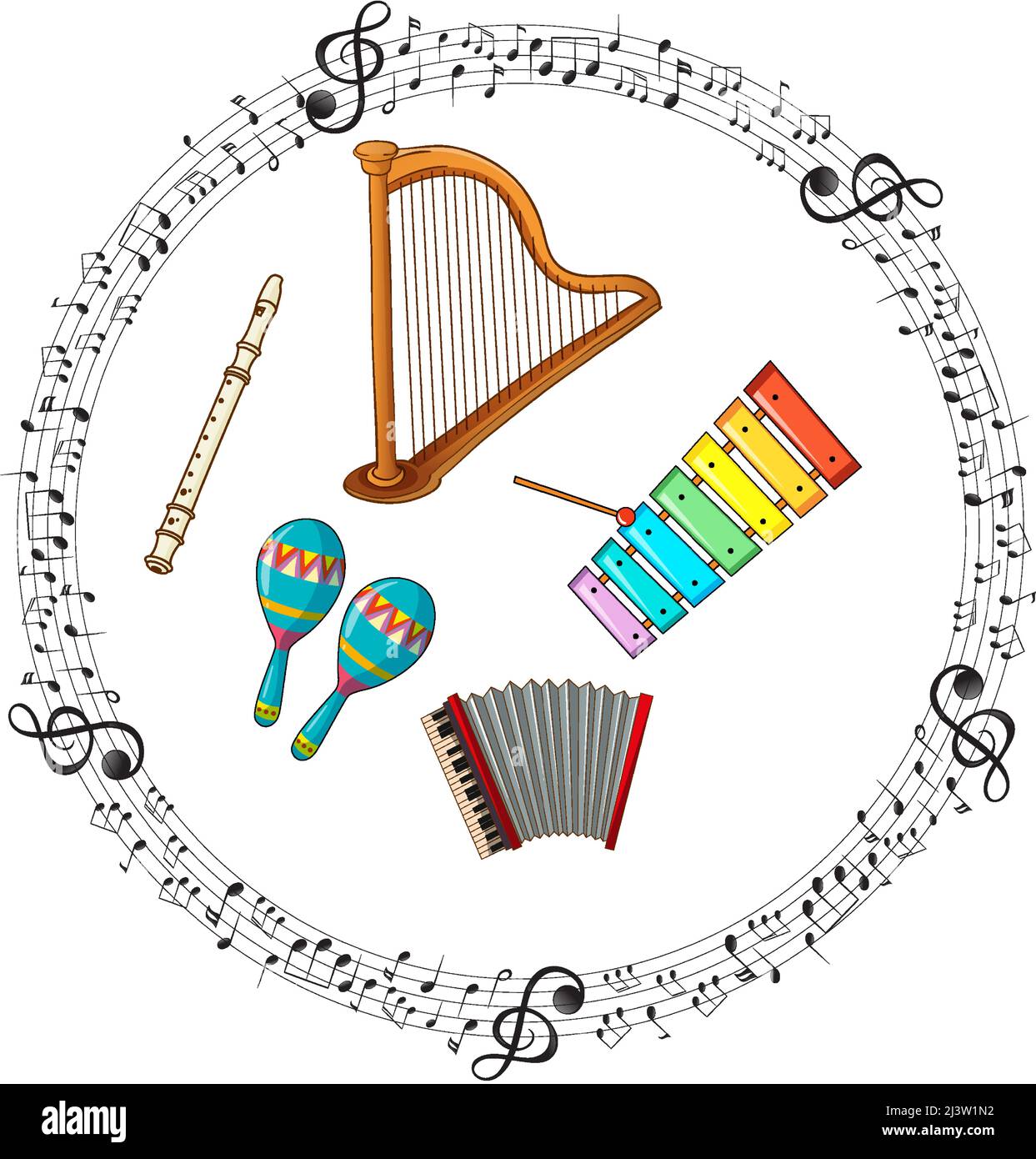 Melodic Instruments Cartoon Musical instrument with music melody symbol cartoon illustration Stock ...
