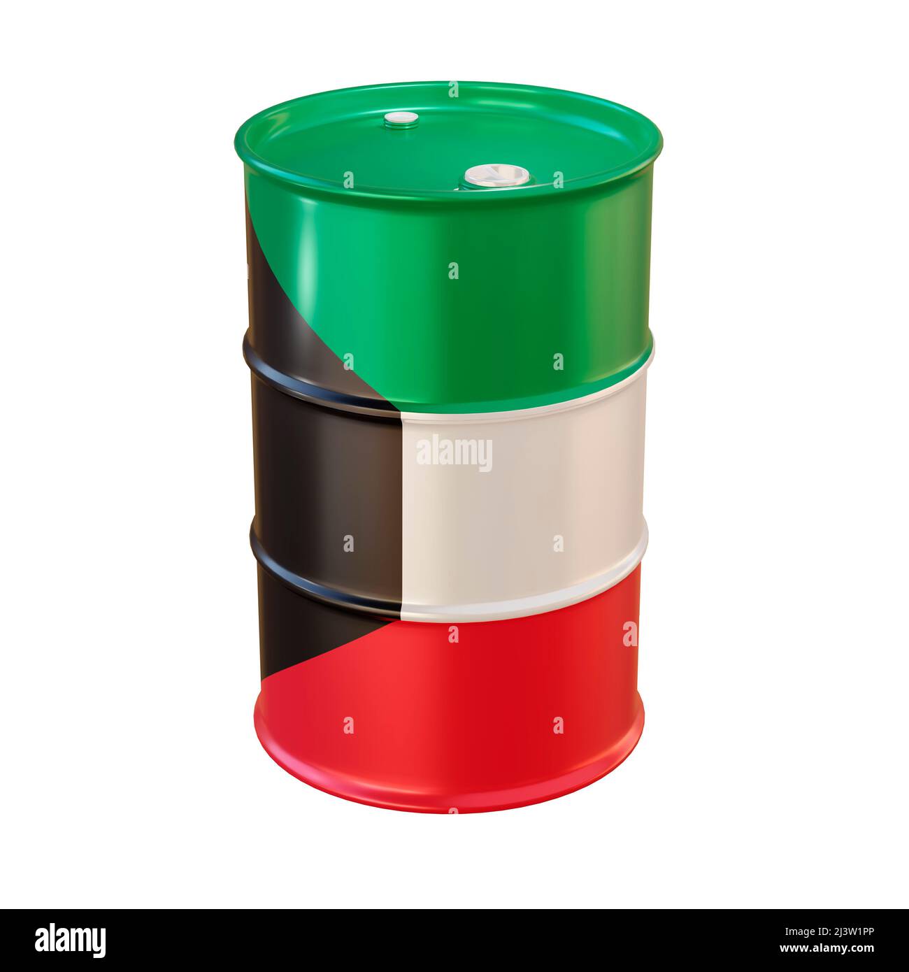 isolated 3d render of oil barrel in Kuwait flag. Stock Photo