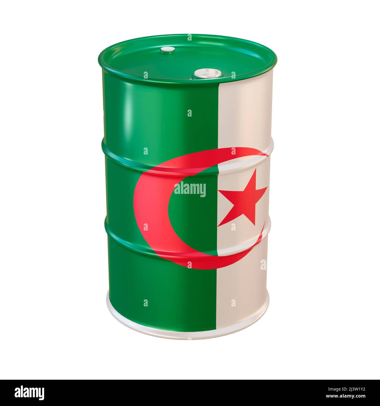 isolated 3d render of oil barrel in Algeria flag. Stock Photo