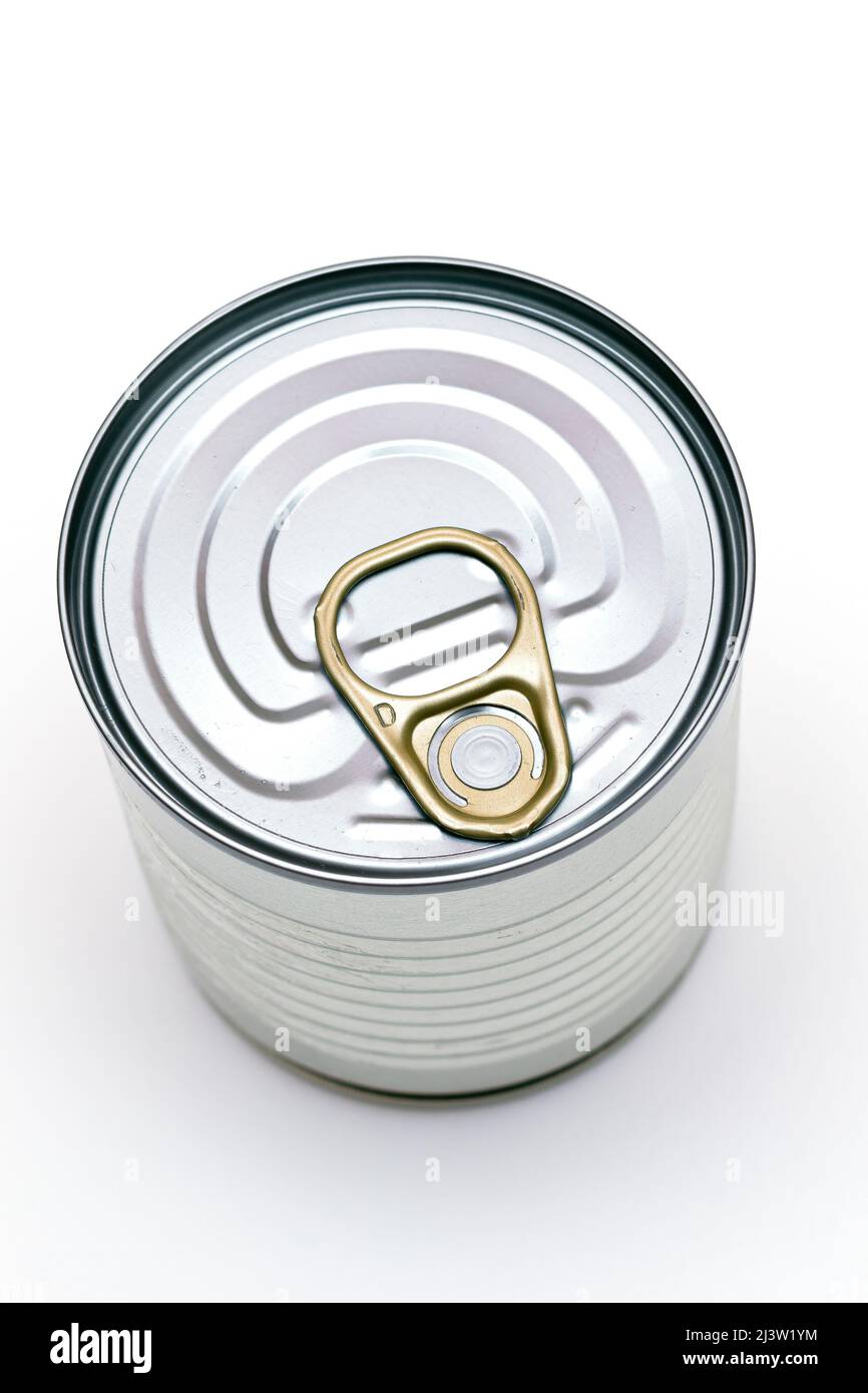 Unopened Tin Can with Blank Edge on White Background. Canned Food
