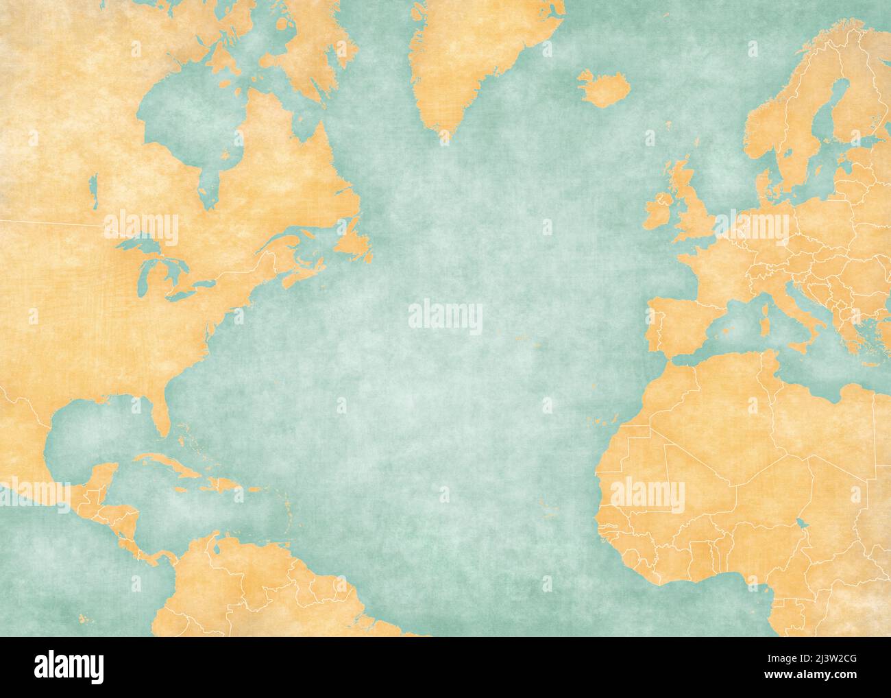 Blank map of North Atlantic Ocean with country borders. The Map is in vintage summer style and sunny mood. The map has soft grunge and vintage atmosph Stock Photo